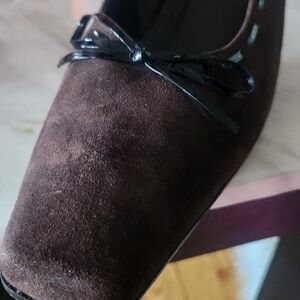 Vaneli Brown Suede Heels with Black Bow